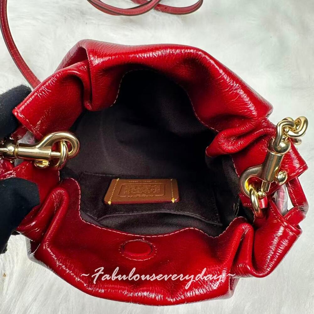 Coach Faye Mini Drawstring Bag In Crinkle Leather/Gold/Dark Cardinal CDB68 NWT - Picture 7 of 8